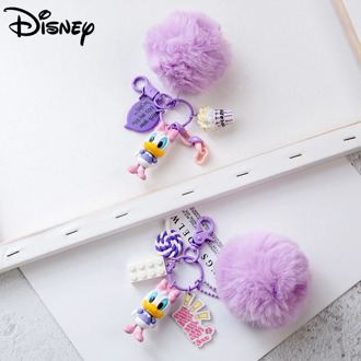Fashion Disney Mickey Car Accessories Cute Cartoon Fur Ball Keyring Donald Duck Keychain Women Bag Phone Plush Ball Pendant Toy