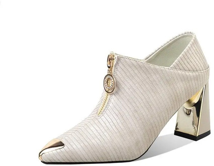 Fashion Front Zipper High Heels Shoes Women Autumn Sexy Metal Pointed Toe Pumps Woman PU Leather Party Shoes Mujer