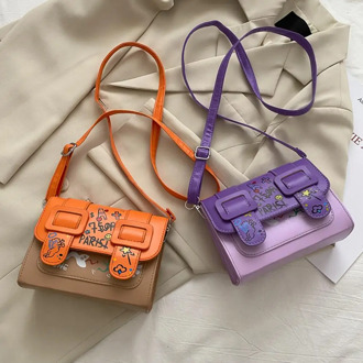 Fashion Graffiti Painted Women Messenger Handbags Belt Buckle Female PU Leather Flap Travel Pouch Small Square Shoulder Crossbod