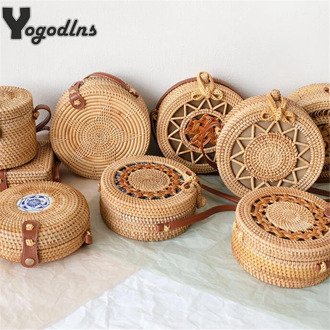 Fashion Hand-Woven Rattan Straw Shoulder Bag Round Beach HandBags Women Summer Hollow Messenger Crossbody Bags Travel Popular