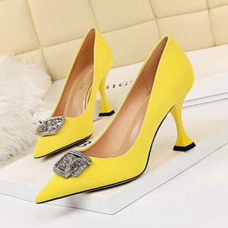 Fashion High Heels Shoes Women metal decoration Pointed Toe Pumps sexy Slip on shoes shallow Slide black yellow Zapatos De Mujer