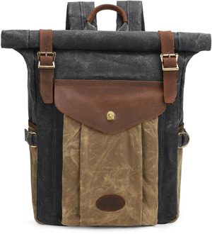Fashion Men Backpack Vintage Waxed Canvas Rolltop Backpack Leather School Bag Laptop Rucksack Waterproof Travel Weekend Bag