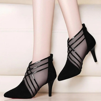 Fashion Mesh Lace Crossed Stripe Women Ladies Casual Pointed Toe High Stilettos Heels Pumps Feminine Mujer Sandals Shoes rty6
