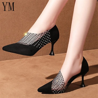 Fashion Mesh & Lace Hollow Stripe Crystal Ladies Casual Pointed Toe High Stilettos Heels Pumps Feminine Mujer Sandals Shoes A156