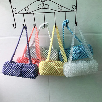 Fashion Pearl Hand-woven Colorful Beaded Bag Stitching Round Tote Bag Holiday Portable Beach Bag Wide Shoulder Strap Handbag