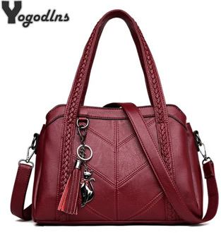 Fashion shoulder bag for women messenger bag ladies retro PU leather handbag purse with tassels female crossbody bag cat handing