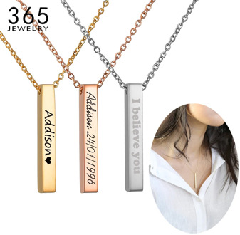 Fashion Stainless Steel Engrave 4 Sides Custom Name Geometry Necklace Women Men Personalized Square Bar Necklace Creative Gift