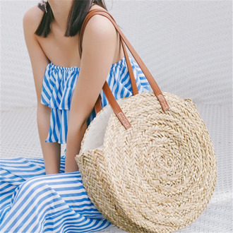 Fashion Straw Shoulder Bag Women Summer Totes Bags Casual Wicker Woven Handbags Moroccan Palm Basket Beach Bag Vintage Big Totes