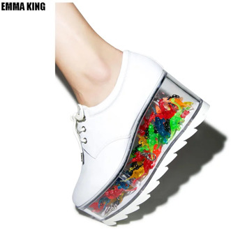 Fashion Transparent Bottom Flat Platform Sneaker Ladies Clear Container Designer Round Toe Shoes Women Lace Up Casual Loafer