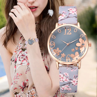 Fashion Watches Women Simple Embossed Flowers Small Fresh Printed Stainless Steel Wrist Watch Reloj Mujer Elegante