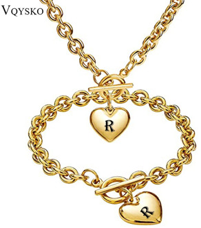 Fashion Woman Letter A-Z Engrave Heart Jewelry Set Gold Color Stainless Steel Oval Rolo Chain Necklace Bracelet Sets For Women