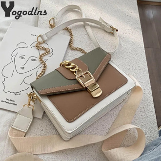 Fashion Women Chain Crossbody Bag Leisure Splice Small Square Bag Hit Color Shoulder Bag Advanced Design Messenger Bag Wide Belt