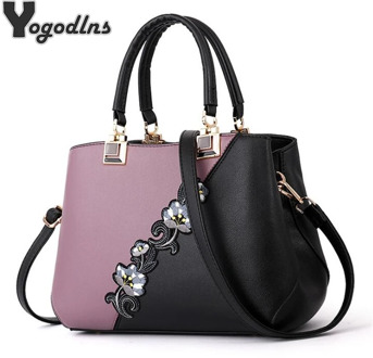 Fashion Women Handbags PU Leather Embroidery Bags Brand Luxury Shoulder Bag Hit Color Top-handle Hand Bags Flower Messenger Bag