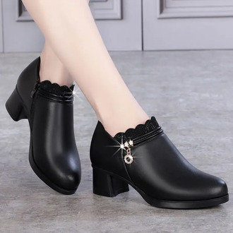 Fashion Women Pumps Shoes Woman Leather Wedges Thick High Heels 5cm Ladies Casual Comfortable Womens Martin Boots Wedding Shoes