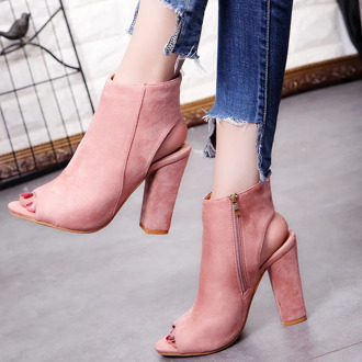 Fashion Women's Peep Toe Summer Open Toe Pumps Casual Faux Suede Ankle Boots Thick High Heels Peep Toe Women Pumps sandals