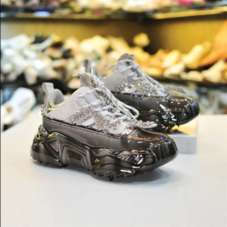 Fashion Women's Rhinestone Sneakers Spring Autumn New Genuine Leather Color Matching Thick Bottom Front Lace Design Casual Shoes