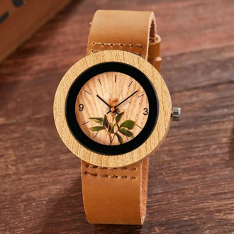 Fashion Women Wood Watch Leather Band Flower Analog Quartz Men Wrist Watches reloj de bambu mujer Male Bamboo Montre homme Reloj