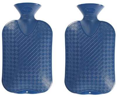 Fashy Set van 2x stuks warm/heet water bed/bank kruiken blauw ruit/ribbel 2 liter - Warmwaterkruiken