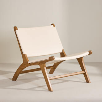 Fauteuil 'Calogero' Teakhout en Lederlook, kleur Crème Naturel