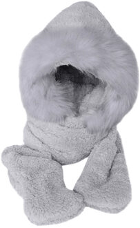 Faux Fur Winter Warme Muts Sjaal Handschoenen Set Pluizige Kap Sjaal Hoed Snood Pocket Hoeden Handschoenen Effen Vrouwen Hoeden motorkap femme hiver grijs