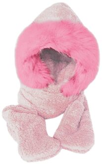 Faux Fur Winter Warme Muts Sjaal Handschoenen Set Pluizige Kap Sjaal Hoed Snood Pocket Hoeden Handschoenen Effen Vrouwen Hoeden motorkap femme hiver roze