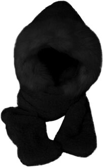 Faux Fur Winter Warme Muts Sjaal Handschoenen Set Pluizige Kap Sjaal Hoed Snood Pocket Hoeden Handschoenen Effen Vrouwen Hoeden motorkap femme hiver zwart