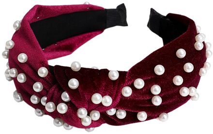Faux Parels Geknoopt Haar Hoepel Vrouwen Mooie Fluwelen Haarband Hoofdband rood wijn