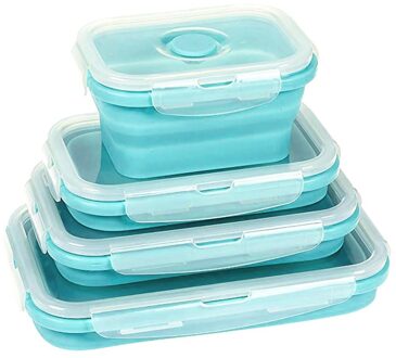 Fda 3/4 Pcs Draagbare Opvouwbare Lunchbox Vierkante Siliconen Lunchbox Magnetron Lunchbox Plastic Koelkast Hoge Temperatuur Blauw / 3