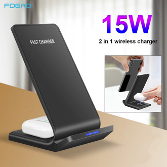 FDGAO 15W 2 in 1 Qi Wireless Charger Stand For iPhone 11 Pro XS XR X Airpods Pro Fast Charging Station for Samsung S20 S10 Buds