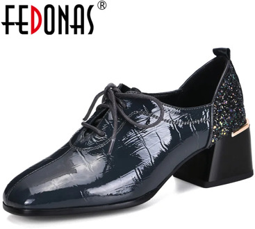 FEDONAS 2002 Women Cow Patent Leather Lace Up Pumps Metal Decoration Spring Summer Party Shoes Elegant Newest Basic Shoes Woman