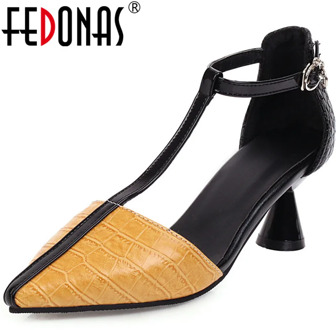 FEDONAS 2020 Color Mixing Slip On Women Fine Heeled New Pumps Party Rhinestone 2020 Spring Summer Fashion Retro Shoes Woman