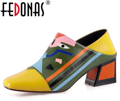 FEDONAS 2020 Fashion Prints Women Synthetic Leather High Heels Party Wedding Shoes Woman Square Toe Spring Summer Basic Pumps