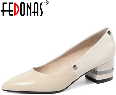 FEDONAS 2020 Fashion Women Thick Heeled Genine Leather Basic Pumps Spring Summer Square Toe Shoes Metal Decoration Shoes Woman
