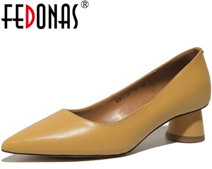 FEDONAS 2020 Genuine Leather Fashion Handmade Shoes For Women Pointed Toe Thick Heels Pumps Wedding Working Shoes Woman Heels