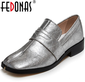 FEDONAS 2020 New Novelty Fashion Concise Women Cow Patent Leather Casual Shoes Square Heel Strange Toe Slip-On Shoes Woman