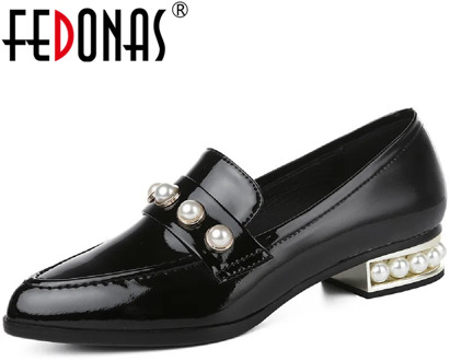 FEDONAS 2020 Round Toe Women Pearl Decoration Office Lady Pumps Spring Summer Shoes Thick Heels Patent Leather Shoes Woman