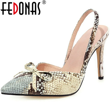 FEDONAS 2020 Snake Pattern Women Pumps Butterfly Knot New Summer High Heels Pums Woman Retro Pinted Toe Color Mixing Shoes Woman