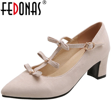 FEDONAS 2020 Spring Summer Fashion Wedding Casual Women Pumps T-Strap Solid Color Pearl Butterfly Knot Thick Heels Shoes Woman