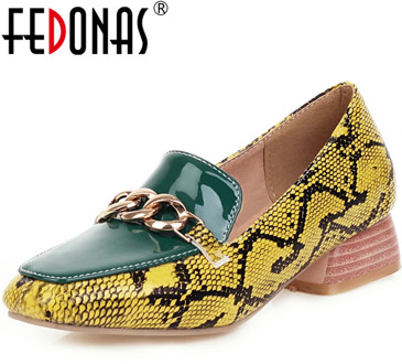 FEDONAS 2020 Spring Summer New Fashion Women Casual Shoes Mixed Colors Snake Pattern Metal Chain Square Toe Slip-On Shoes Woman
