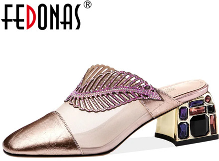 FEDONAS 2020 Spring Summer New Women Mules Genuine Leather Square Toe High Heels Pumps With Crystal Party Dancing Shoes Woman