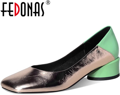 FEDONAS 2020 Summer Autumn Mixed Colors Women Shoes Genuine Leather Square Toe Thick Heels Pumps Wedding Office Lady Shoes Woman
