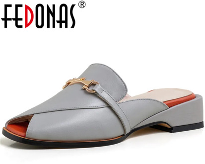 FEDONAS 2020 Thick Heeled Pumps Cow Leather Peep Toe Sandal Metal Decoration Women Shoes Color Matching Basic New Shoes Woman