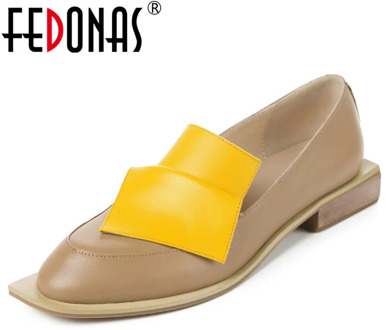 FEDONAS Brand 2020 Fashion Women Round Toe Square Heels Shallow Pumps Mixed Colors Genuine Leather Slip-on Shoes Woman Spring