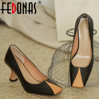 FEDONAS Brand Design Pumps Women Spring Autumn Genuine Leather High Heels Office Party Shoes Woman Square Toe Shallow Pumps