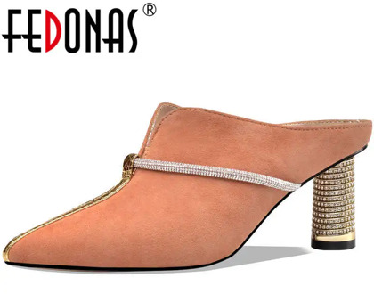 FEDONAS Brand Design Women Pointed Toe High Heels Pumps Casual Wedding Party Fashion Kid Suede Mules Summer Shoes Woman Slippers