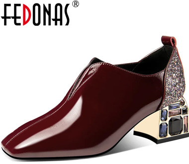 FEDONAS Brand Women Wedding Party Rhinestones Pumps Spring Summer Square Heeled Retro Shoes Patent Leather Glitters Shoes Woman