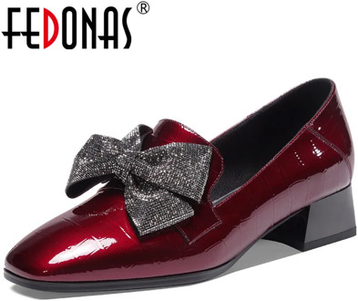 FEDONAS Butterfly Knot Women Cow Patent Leather Pumps Night Club Sexy Square Heels Pumps Shoes New Spring Cross Tied Shoes Woman