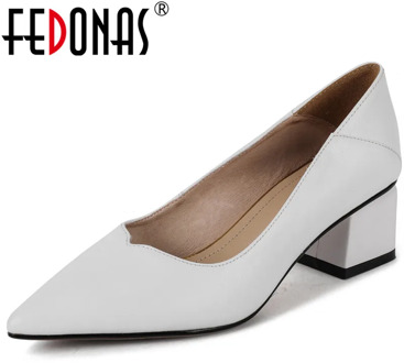 FEDONAS Classic Design Women 2020 Point Toe Wedding Pumps Genuine Leather Thick Heeled Shoes Spring Summer Elegant Shoes Woman