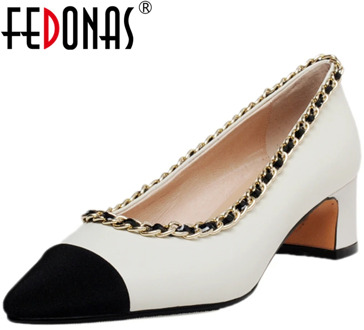 FEDONAS Classic Design Women Cow Leather Pointed Toe Party Wedding Casual Pumps Mixed Colors Metal Chain Thick Heel Shoes Woman