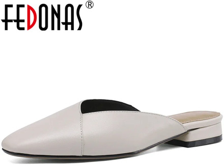 FEDONAS Concise Genuine Leather Women Mules Fashion Square Toe Loe Heels Pumps 2020 New Arrival Casual Working Shoes Woman Heels